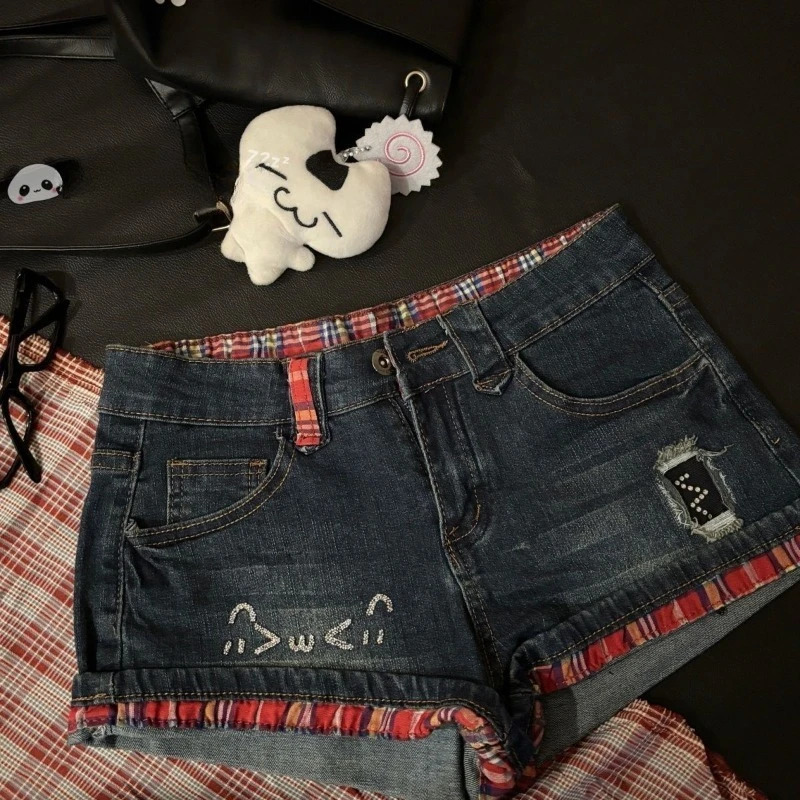 Y2k Lowwaist Plaid Patchwork Jeans for Women Allmatch Sexy Bodycon Short Pants 2026 Summer Blue Denim Shorts 260623