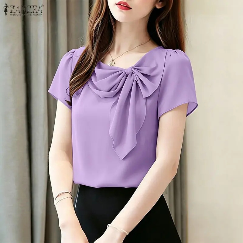 2026 Summer Blouse ZANZEA Women O Neck Short Sleeve Bows Tops Elegant Solid OL Work Shirt Female Casual Holiday Tunic Mujer 260623