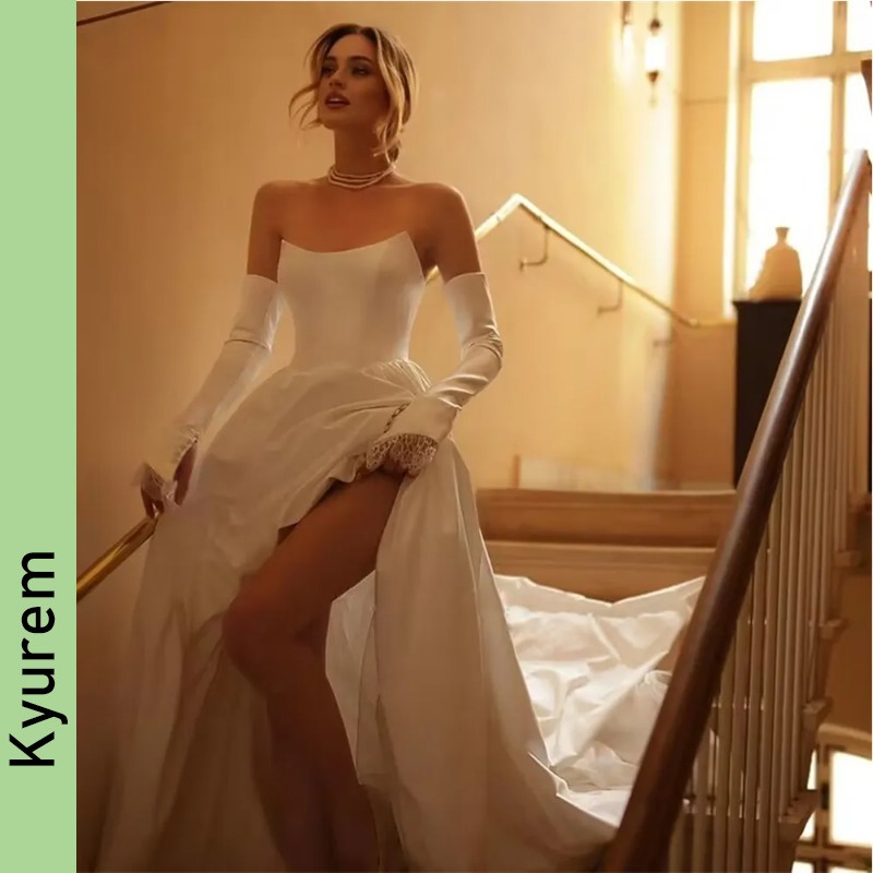 Satin A Line Wedding Dresses Side Split Sleeveless Bride Dress Women Bridal Gowns Simple Long Sweep Train 2026 Robe De Mariage
