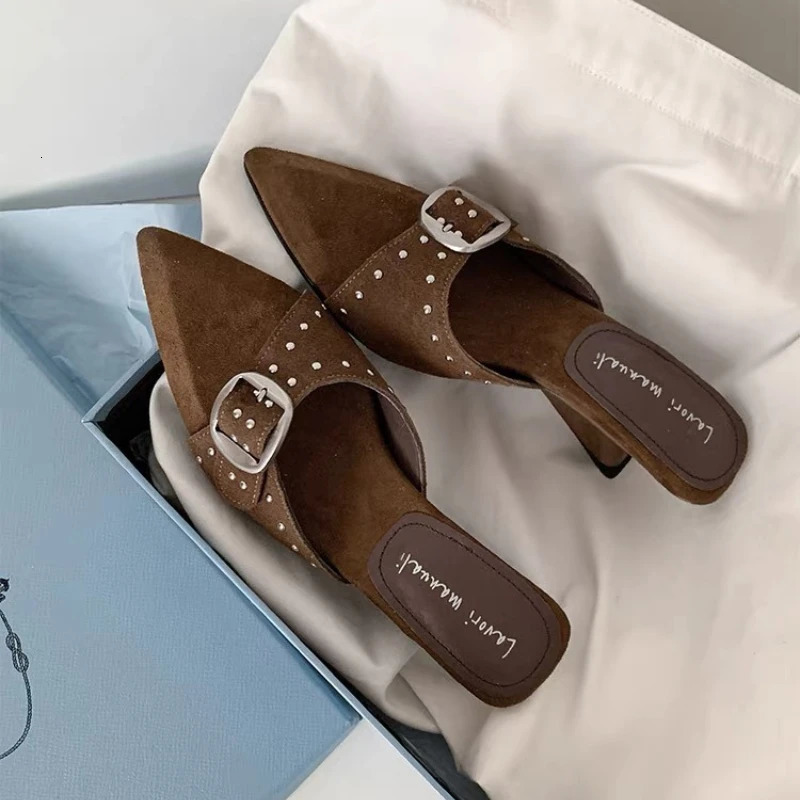 Retro Studded Wedge Sandals Sexy Pointed Toe Slip-on Womens Slippers 2026 Summer Outdoor Party Womens High Heels Selling 260624