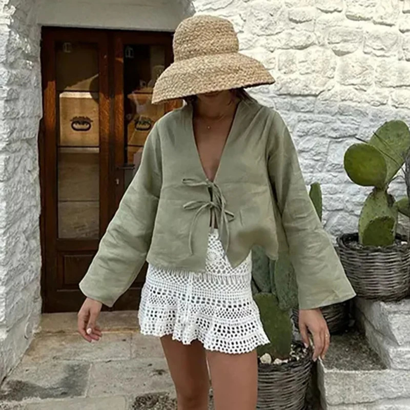 Summer Cotton Linen Lace Up Shirt for Women Elegant Long Sleeve V Neck Loose Blouse Female Solid Casual Street Chic Lady Tops 260623