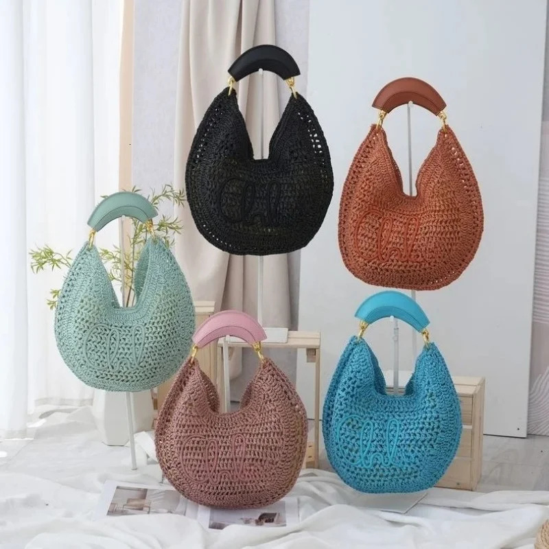 2026 Summer Straw Woven Bag Crescent Shape Hollow Large Capacity Underarm Shoulder Bag for Women Beach Vacation Brown 260623