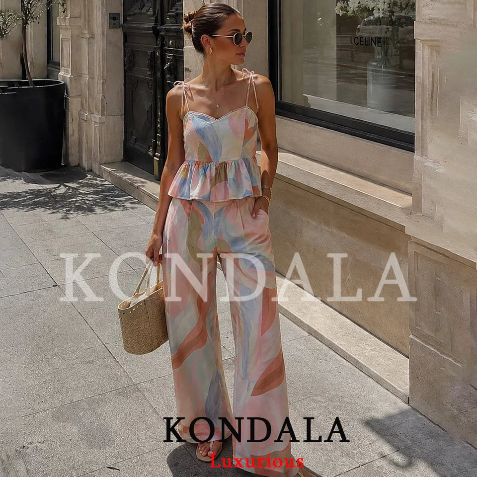 KONDALA Holiday Beach Chic Women Tie Dye Pants Suit Cami Backless Top Long Zipper Pants Fashion Summer Boho Party Suits 260623
