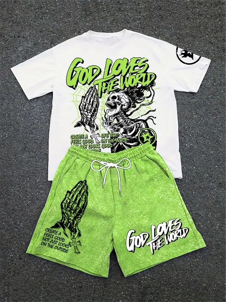 Spring And Summer American Trend 3D Printed Skull Mens Roundneck Top Shorts Hiphop Style Trendy Cool 2pcs Set 260624