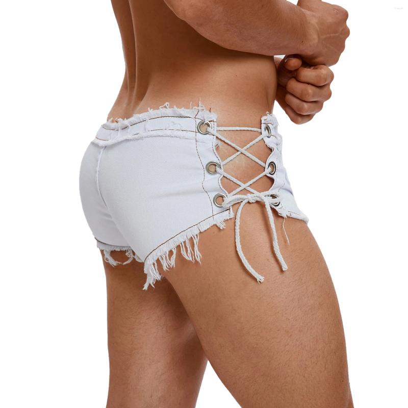 Men's Shorts Mens Low Rise Jeans Sexy Sides Lace-up Edge Ripped Denim Booty Pants Beach Rave Disco Party Clubwear