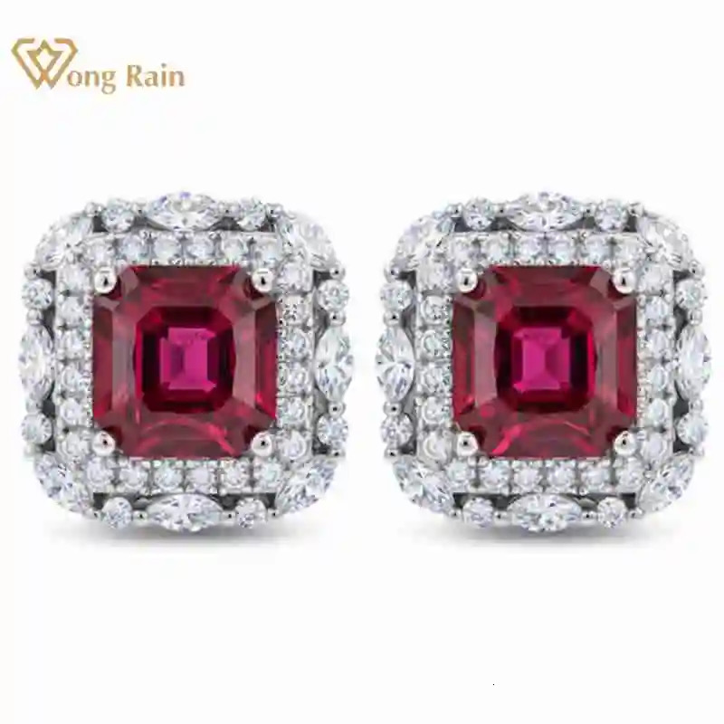 Wong Rain Vintage 925 Sterling Silver Asscher Cut 7 7 MM Ruby High Carbon Diamond Gemstone Studs Earrings Jewelry Wholesale 260624