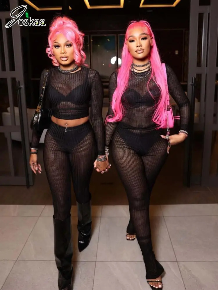 Joskaa Sexy Mesh See Through 2 Piece Set Women ONeck Long Sleeve Tees and High Waist Pants Matching 2024 Summer Holiday Outfits 260623banjia