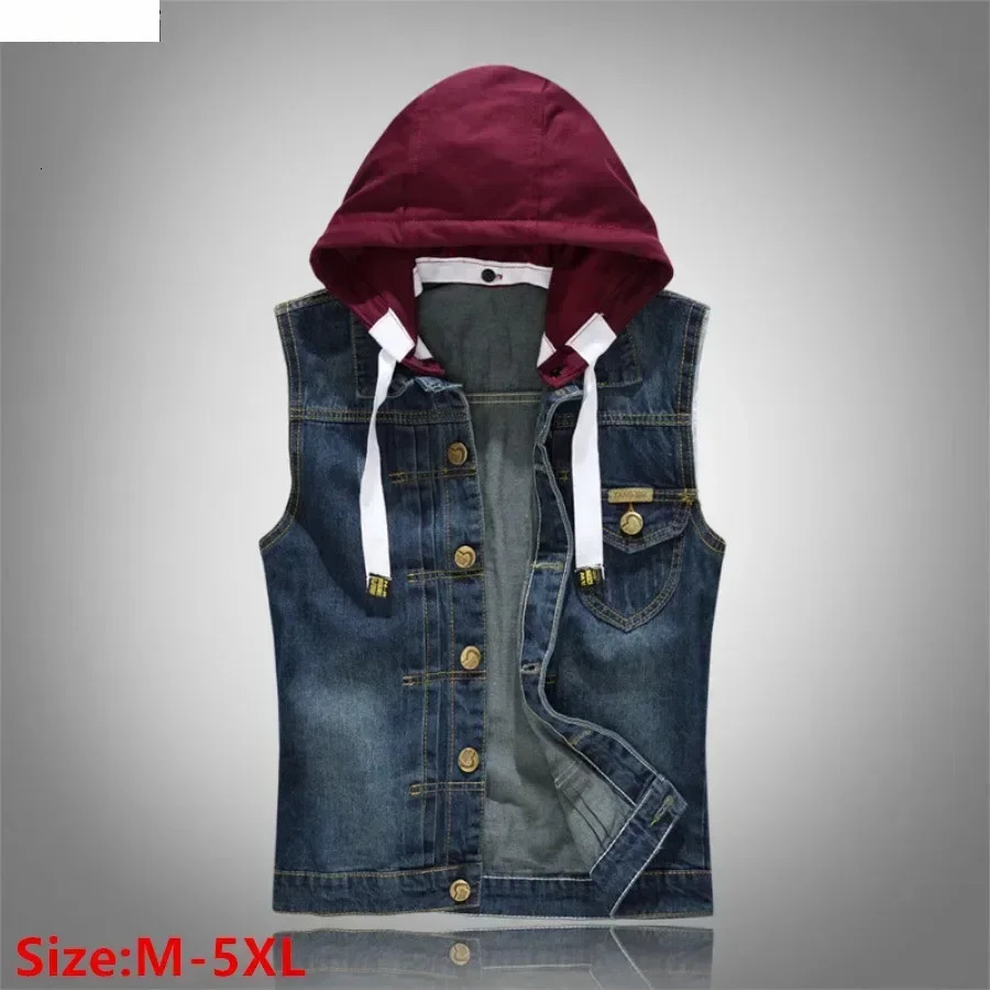 Mens Plus Size Denim Vests Slim Sport Hooded Cotton Vest Coat Trend Motorcycle Vest Tops Man Sleeveless Denim Jackets 260623