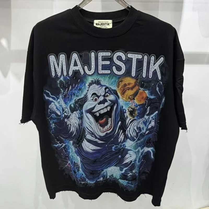 26SS American Retro Washed Beaded Diamond MAJESTIK Short Sleeved Trendy Mens Womens Majestik T-Shirt T260622