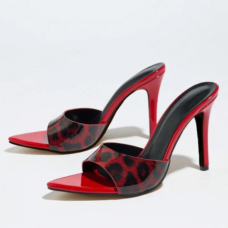 Red Leopard Print Heeled Sandals Women Summer Sexy Patent Leather Pointed Open Toe Stiletto High Heels Fashion Party Dress Shoes 260624
