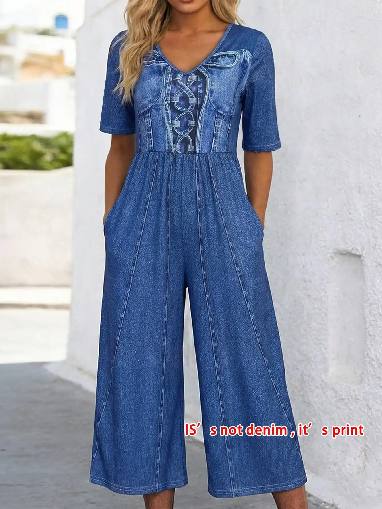 Womens summer denim printed casual commuting versatile jumpsuitCasual Short Sleeve Wide Leg Cropped Romper 260623