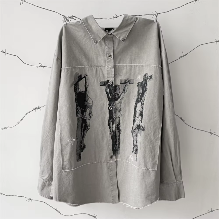 Oversize Long Sleeved Shirts Men Women Washed Heavy Fabric Unisex Hole Shirt