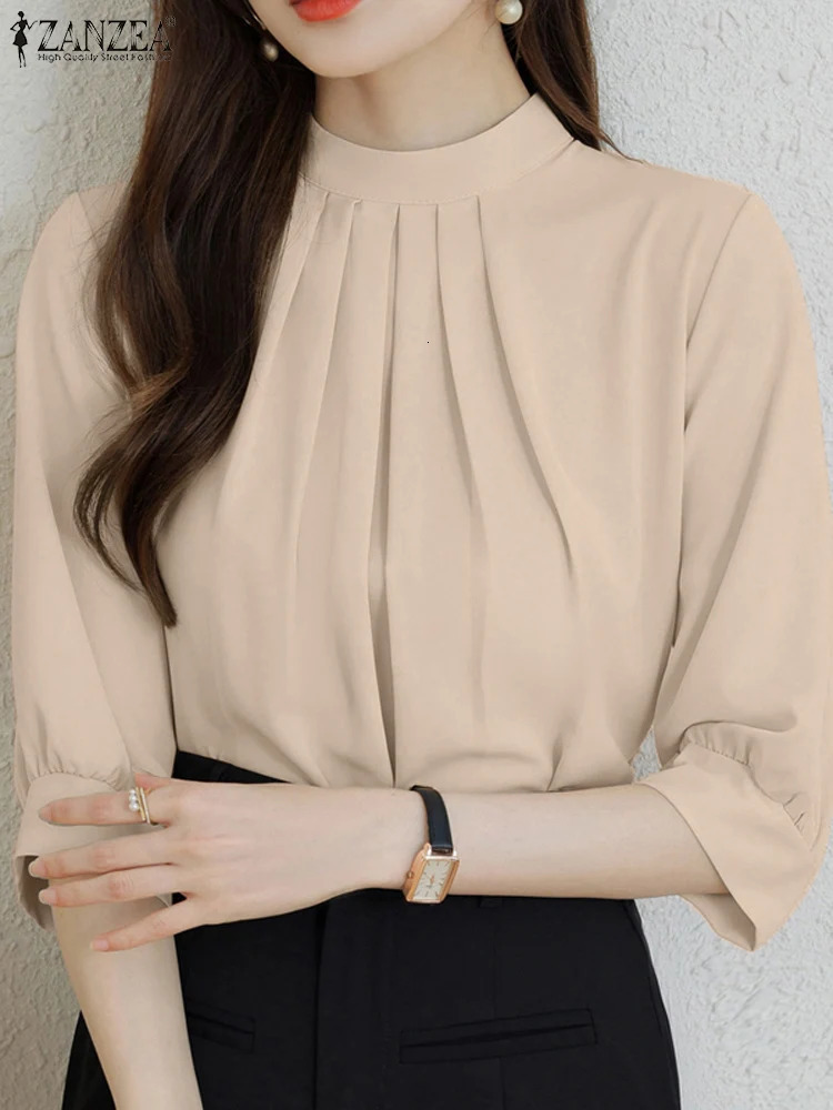 ZANZEA Summer Women Solid Work OL Shirt Fashion 34 Sleeve Casual Pleated Tops Elegant Office Lady Blouse Female Loose Blusas 260623