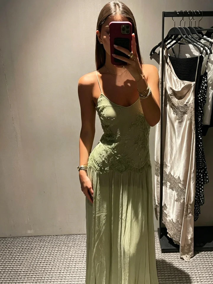 Sleeveless Spaghetti Strap Maxi Dress Sequin Lace Vestidos Elegant Casual Wedding Vacation Green Robe Trends 260623