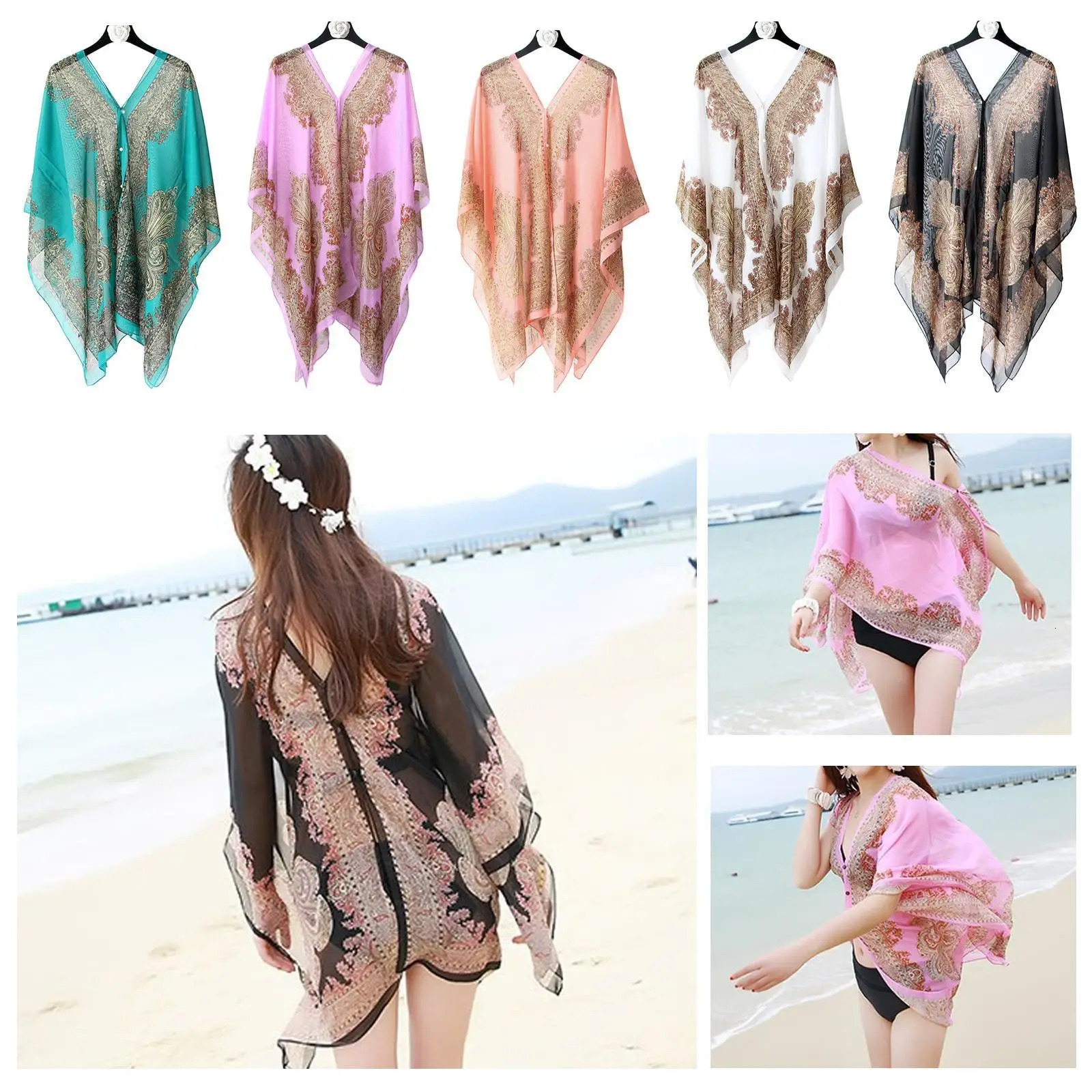Beach Sun Protection Shawl Fashion Women Clothes Summer Beach Bikini Cover Up Loose Chiffon Blouse Shawl Scarf With Buttons260618