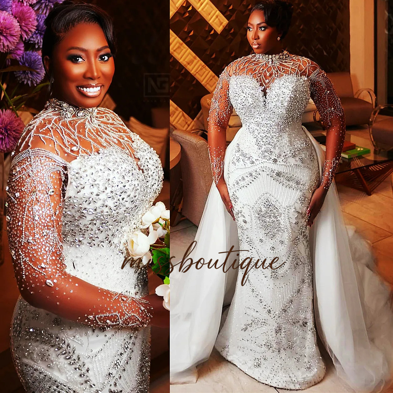 2024 Arabic Aso Ebi Plus Size Off White Mermaid Wedding Dresses Luxurious Lace Rhinestones Full Sleeves Detachable Train Vintage Bridal Gowns Dress