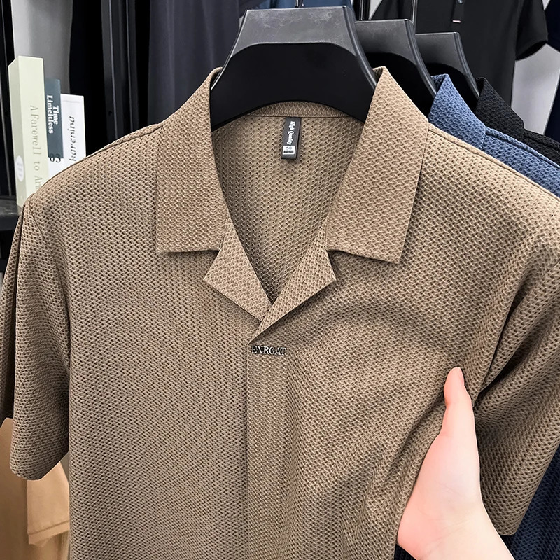 Mens Cuban Collar Short Sleeve Shirt Textured Knit Pineapple Fabric Breathable Summer Camp High Stretch Shirt Polo 2026 260623