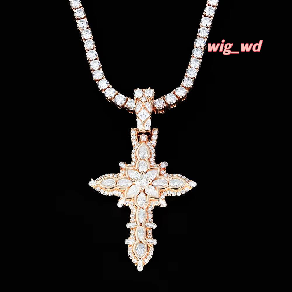 Custom Men's 14K/18K Rose Gold Plated 925 Silver Diamond Mossanite Moissanite Iced Out Chain Necklace And Cross Pieces Pendant