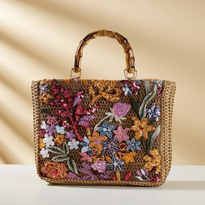 y Sequins Embroidery Large Tote Bags Fashion Bamboo Handle Women Handags Lady Woven Straw Flower Summer Beach Bag 260623