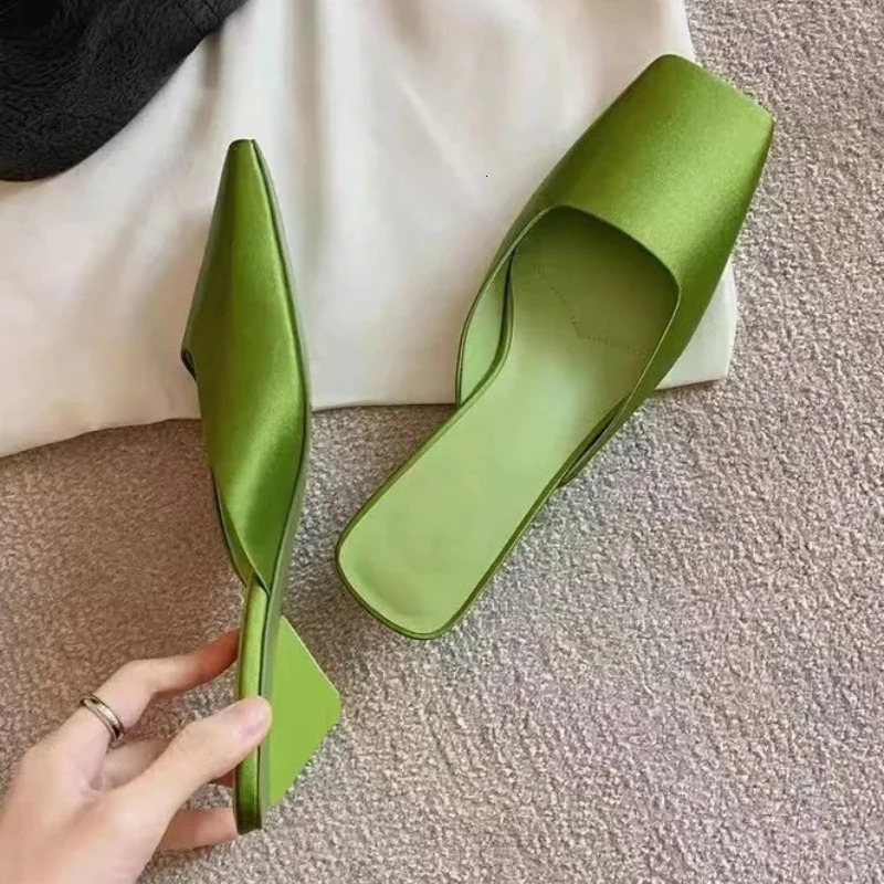 Fashion Satin Womens Mules with Heels Summer Sexy Square Toe Strange Low Heel Slide Sandals Elegant Comfort Dress Slippers 260624