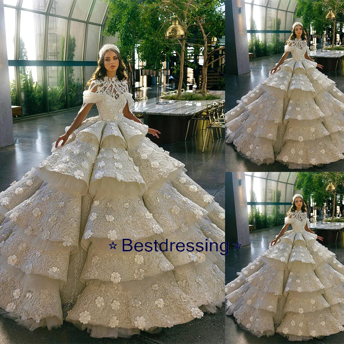 Gorgeous Ball Gown Wedding Dresses High Collar Long Sleeves Bridal Sequins 3D Appliques Tiers Sweep Train Princess Marriage Gowns Custom Made Bd624