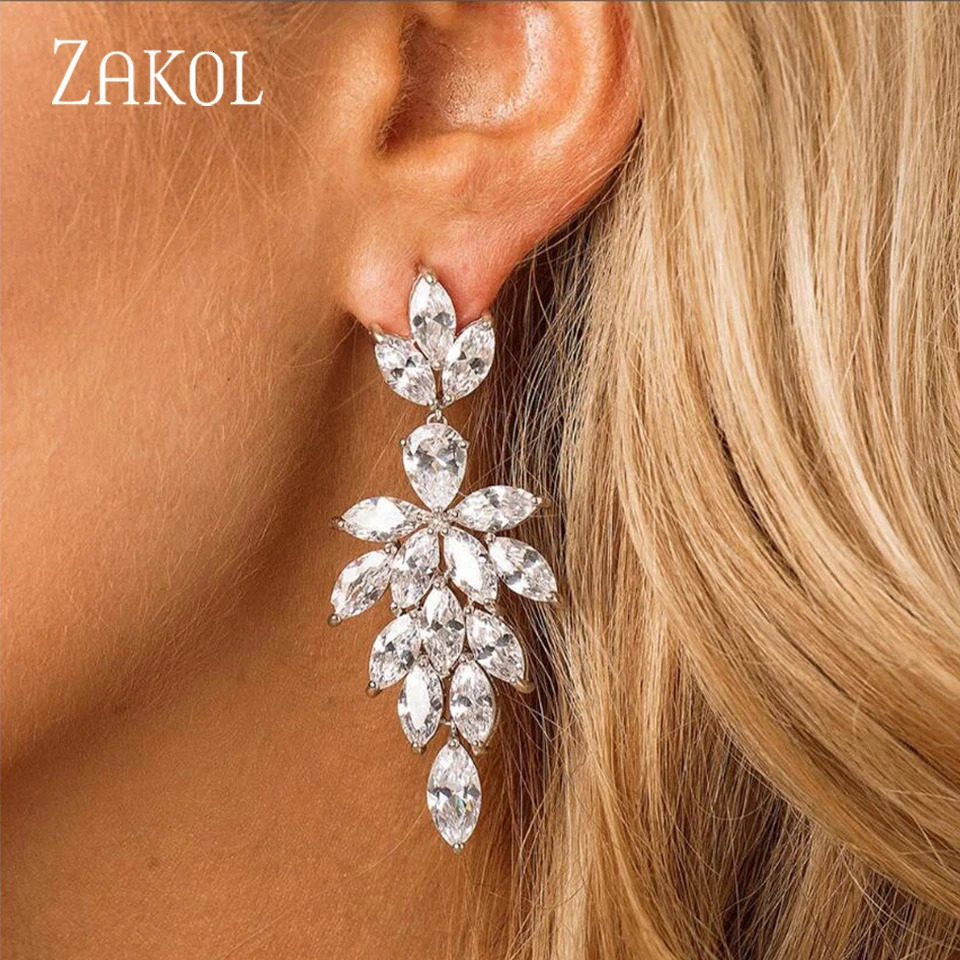 ZAKOL Pendientes colgantes de hoja de circonita Marquesa de Corea para mujer, joyería para fiesta y boda, gota EP2168 260623