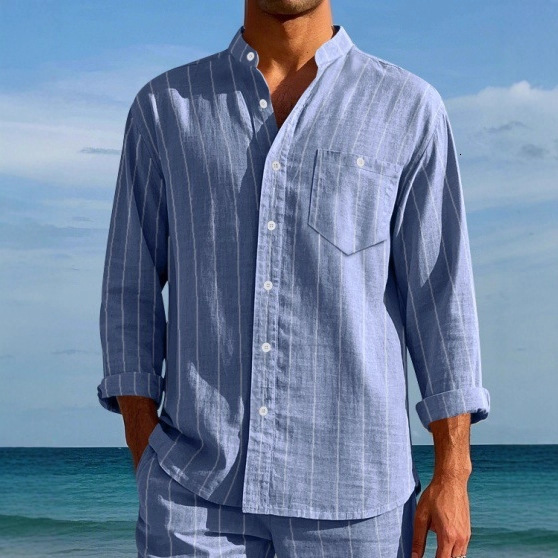 Spring And Autumn Linen Shirt, Long Sleeve, Turn-Down Collar, Breathable, Casual Men's New Chinese Style Pocket Shirt