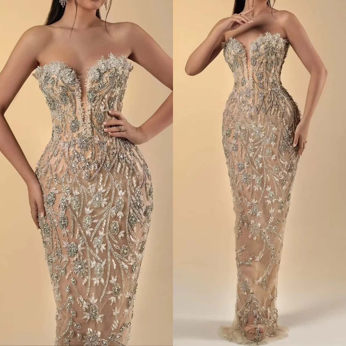 Sparkling Crystals Mermaid Evening Gown Strapless Floor Length Prom Dresses Celebrity Party Customized Vestidos De Gala