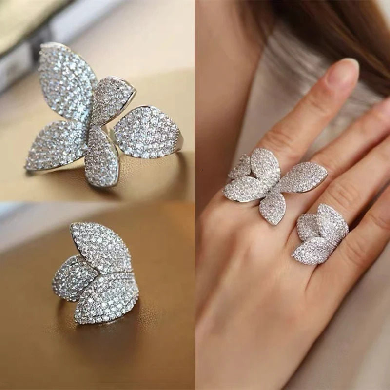2 Pcs/set Leaf Rings of Different Sizes Set Dubai Bridal Jewelry Sets Women Wedding Accessories Full Rhinestone Flower Open Ring 260623