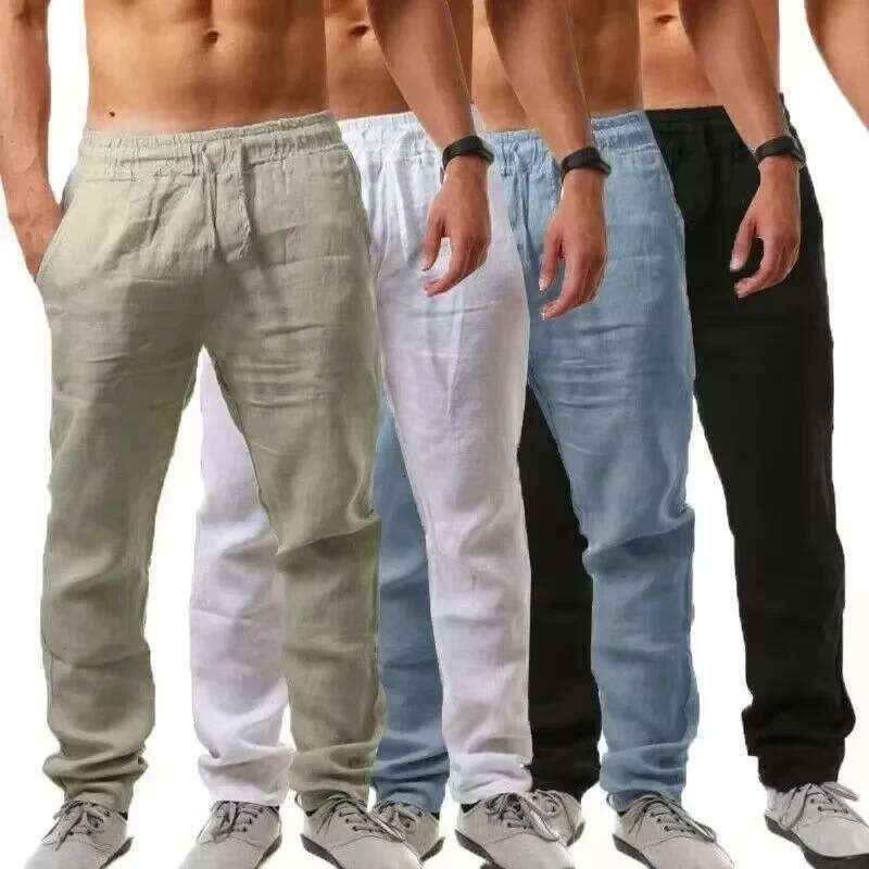 Men's Cotton Summer Solid Color Breathable Linen Trousers Male Casual Elastic Waist Fitness Pants Hip-Hop Streetwear W260624