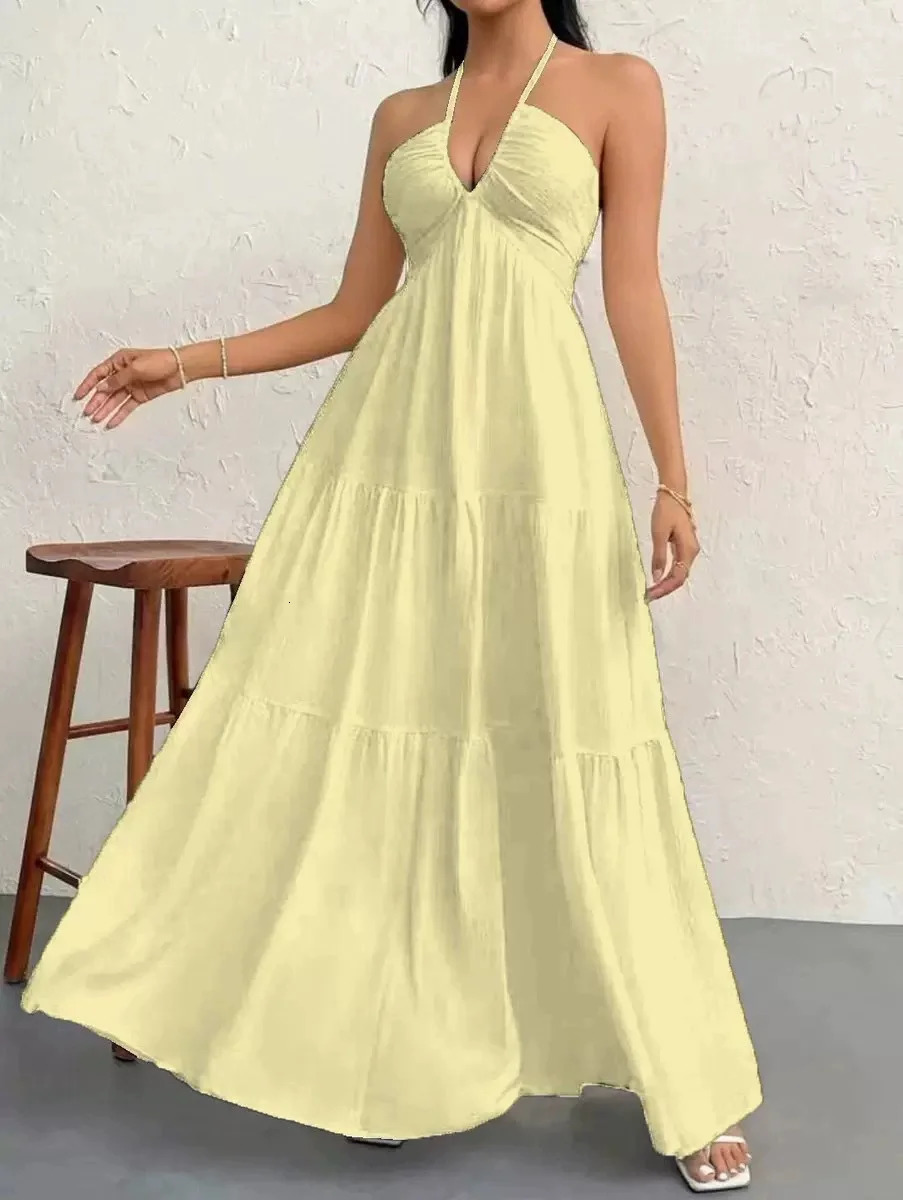 Summer Women Hanging Dress Backless Beach Dress V-neck Long Strap Camis Sleevless Maxi Bandage Dresses 260617