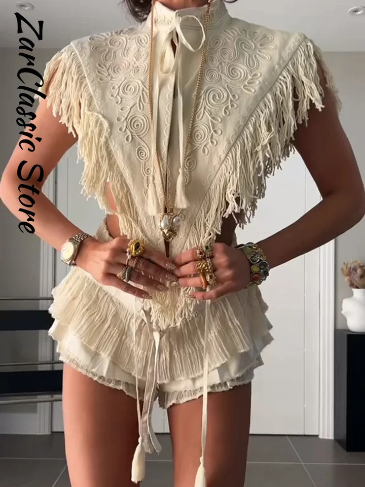 Vintage Embroidery Tassel Shawl Summer Stand Neck Sleeveless Lace Up Irregular Womens Top Casual Elegant Clothes 2026 260623