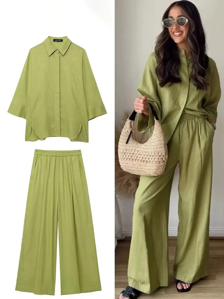 HH Women Casual Solid Blouse Pant Sets Loose Long Sleeve Lapel Shirts Elastic Waist Wide Leg Trousers Office Lady Suit 260623