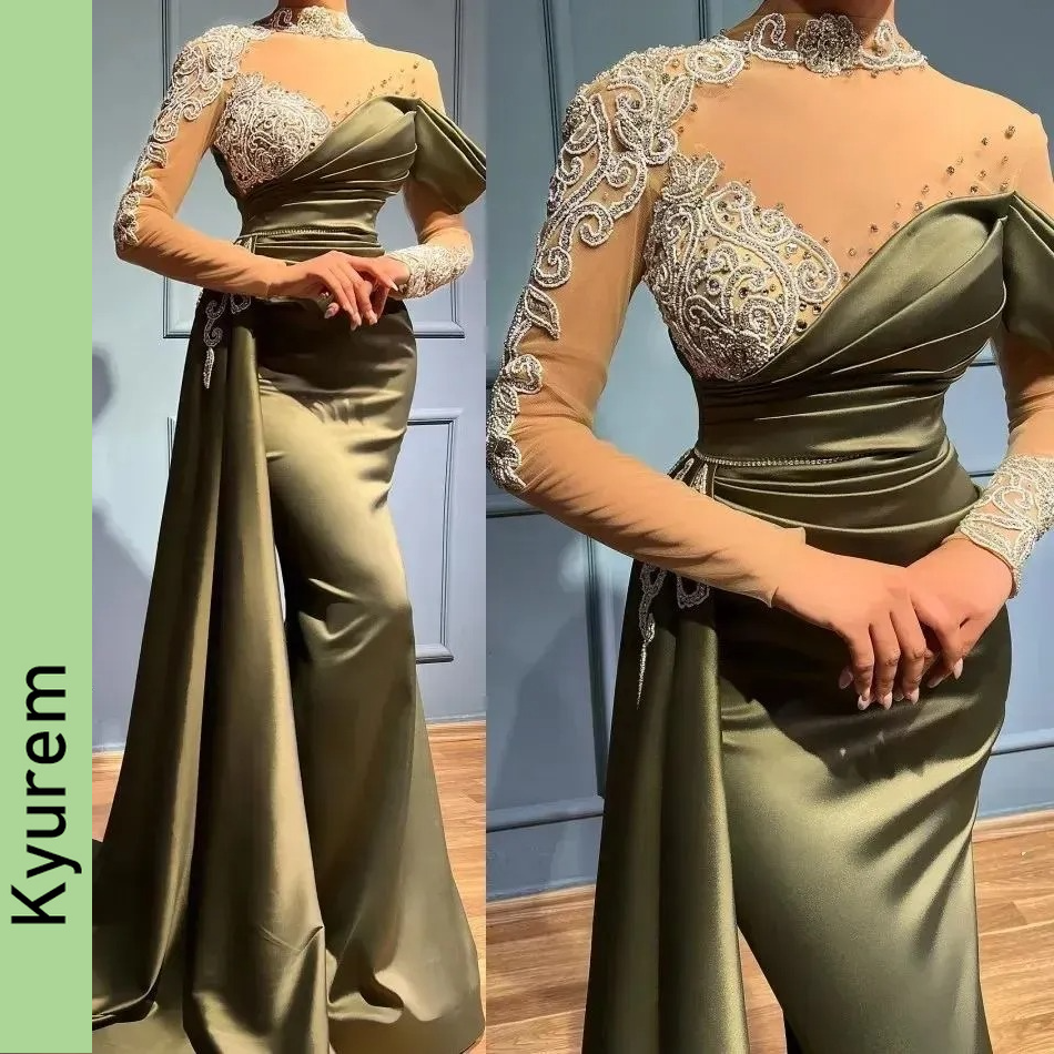 Evening Dresses Plus Size Prom Party Gown Formal Mermaid Long Sleeve Beaded Satin Illusion Floor-Length High Neck Crystal Robe De Soiree