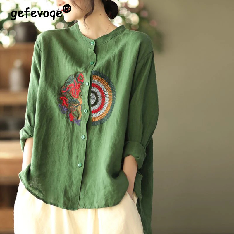 Women Vintage Ethnic Style Embroidered Irregular Cotton Linen Shirts Fashion Long Sleeve Loose Blouses Elegant Ladies Tops Blusa 260623
