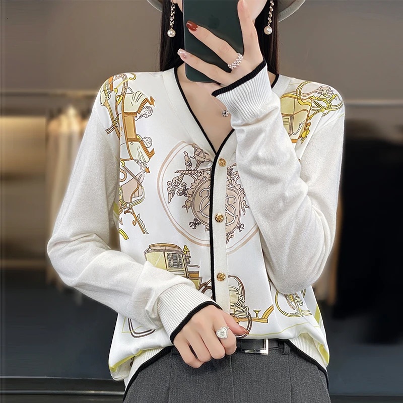 Spring And Autumn Wool Coat Jacket Womens Long Sleeve Wide VNeck Printed Stitching Sweater Thin Cardigan 260623