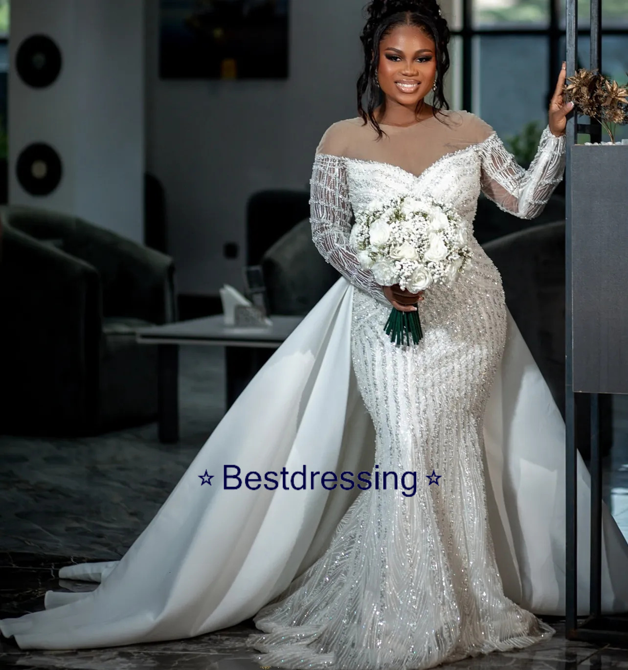 Aso Arabic Ebi Plus Size Off White Mermaid Wedding Dresses Full Sleeves Sequined Lace Detachable Train Tulle Vintage Elegant Bridal Gowns Dress ZJ B