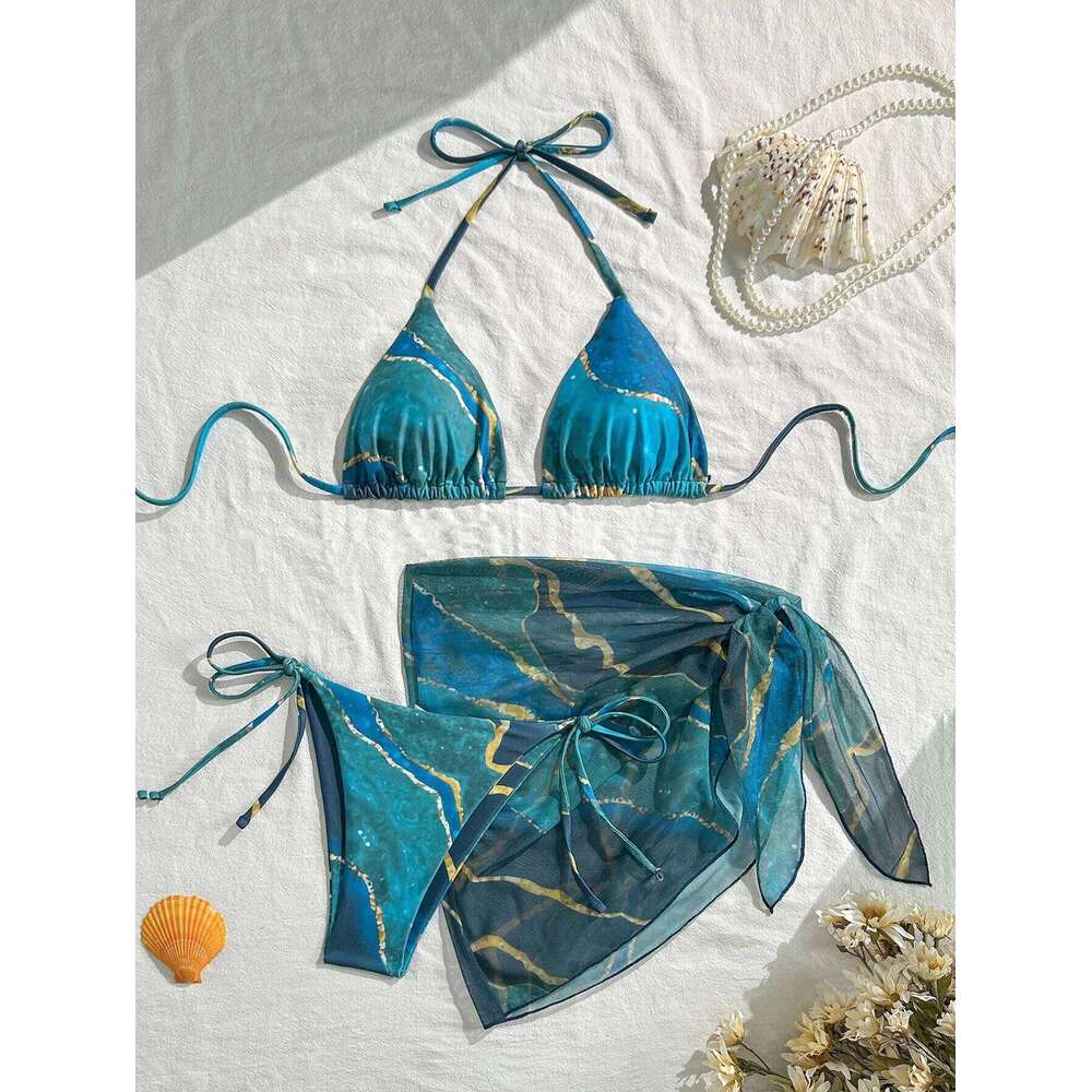 Women's Three-Piece Swimsuit Set, Blue Marble Print Sexy Bikini with Top, Tie-Up Triangle Bottoms, Mesh Wrap Skirt, Beach Swimwear W260624