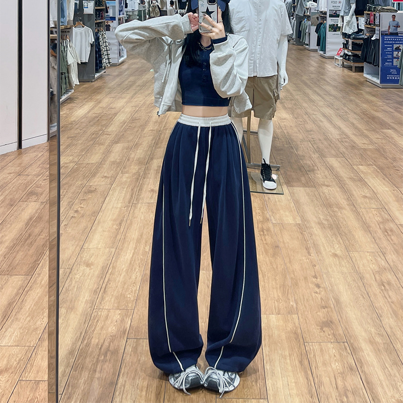 American retro navy blue women's sports pants, spring and summer new, loose straight leg casual pants, sports pants with loose wide leg design
