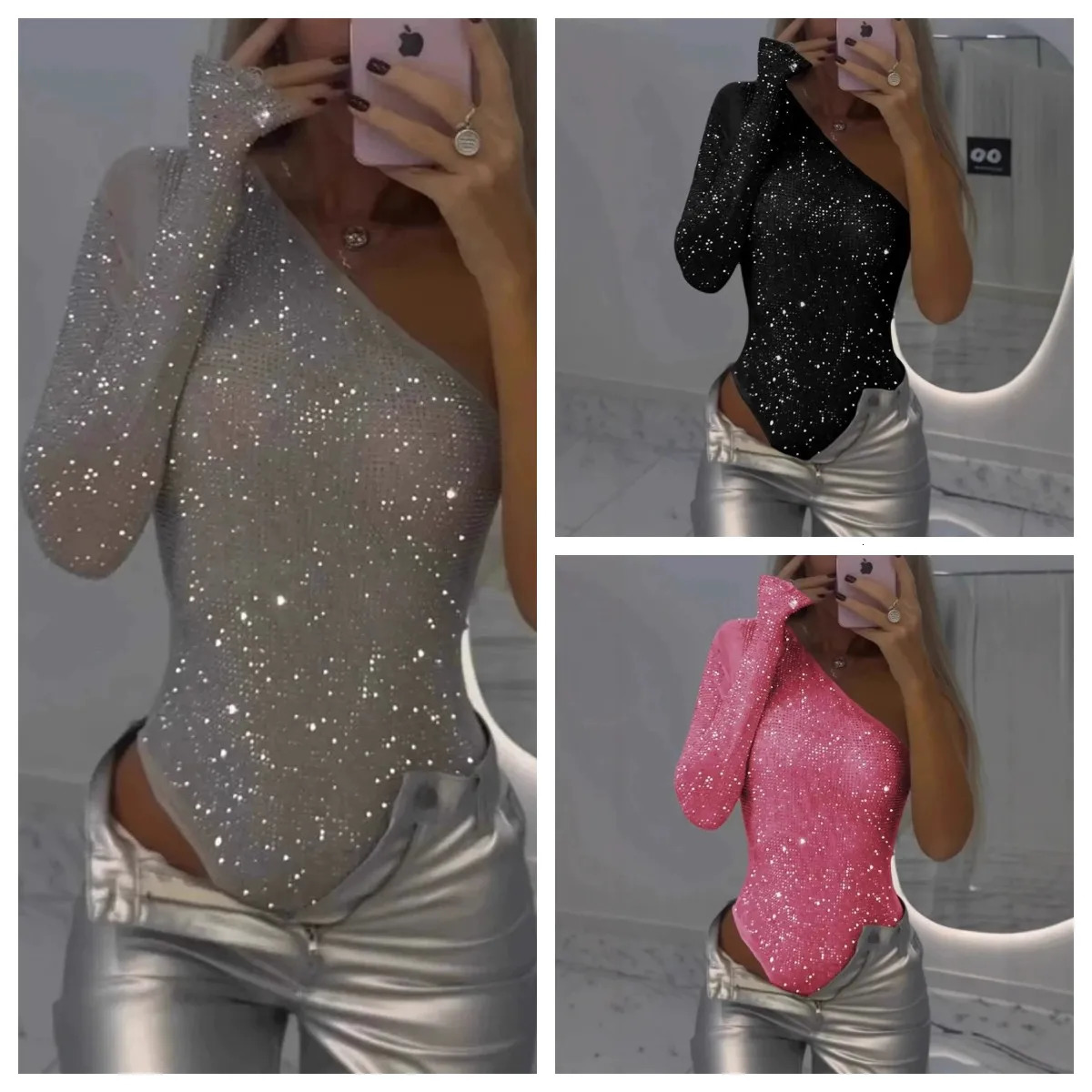Fashion Sequins Girl Bodysuit Women Sexy One Shoulder Tight Rhinestone Slim Fit Chic Bodysuit Lady Club Gala Sequin Top 260623