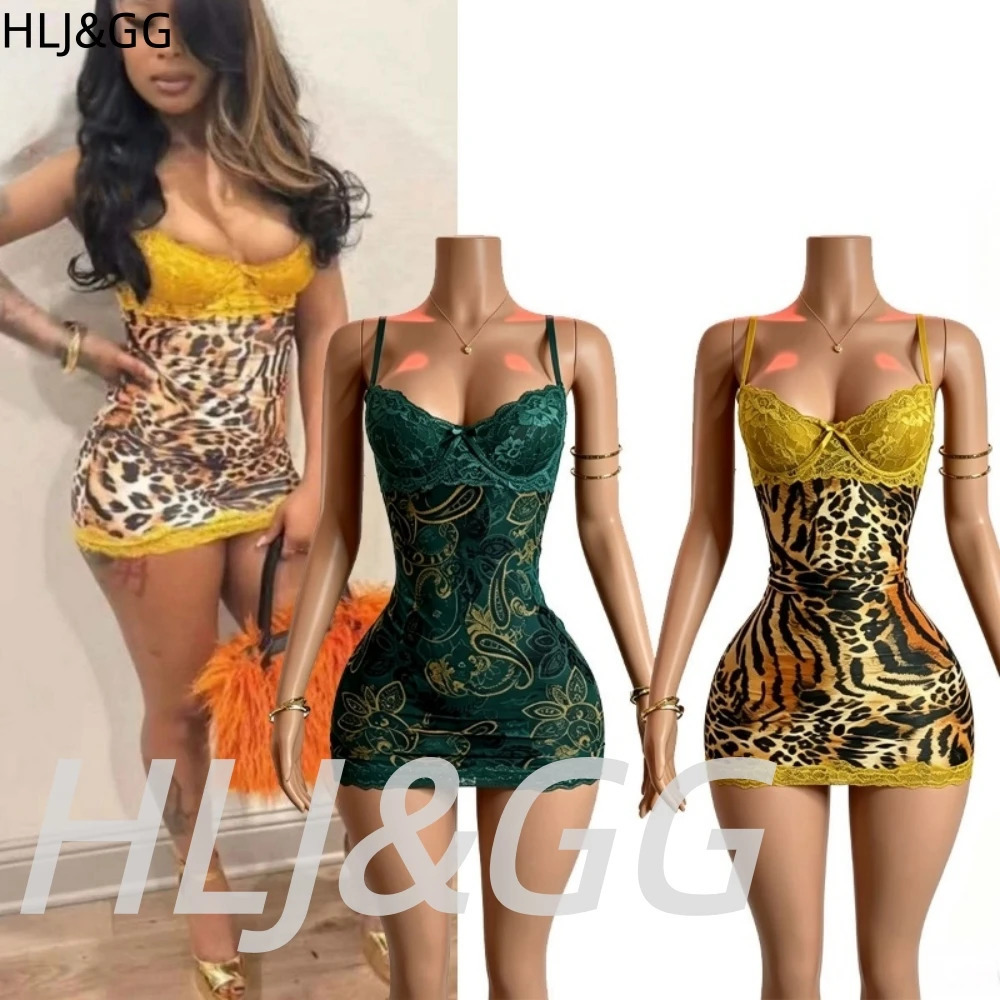 HLJGG Sexy Leopard Print Lace Spaghetti Strap Bodycon Mini Dresses Women Sleeveless Backless Slim Vestidos Summer Clothing 260623