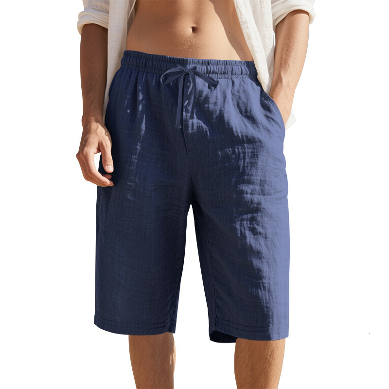 New Cross-Border Linen Drawstring Elastic Waist Quick-Dry Straight-Leg Solid Color Breathable Casual Beach Cropped Shorts For Men