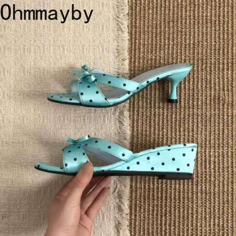 Street Style Satin Butterfly-knot Women Slippers Fashion Polka Dot Thick Heels Party Dress Slide Ladies Summer Vacation Shoes 260624