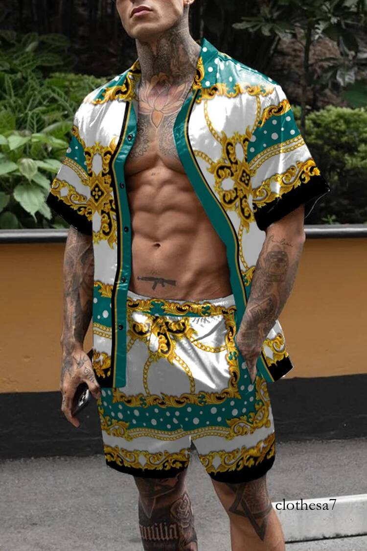 New fashion printing set,Hawaiian mens short sleeved printed set,summer casual floral shirt with buckle two-piece suit 2025