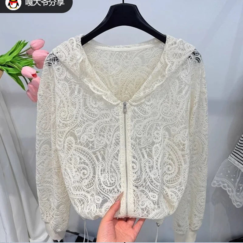 Elegant Lace Patchwork Hooded Short Long Sleeve Womens Jacket Summer 2026 Hooked Hollow out Sun Protection Top 260624