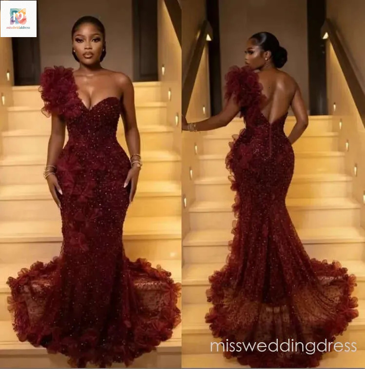 Elegant Burgundy Prom Dresses For Black Girls 2026 Luxury One Shoulder Mermaid Sequins Beads Formal Evening Gala Dress Customized M01bc22049 Mb618
