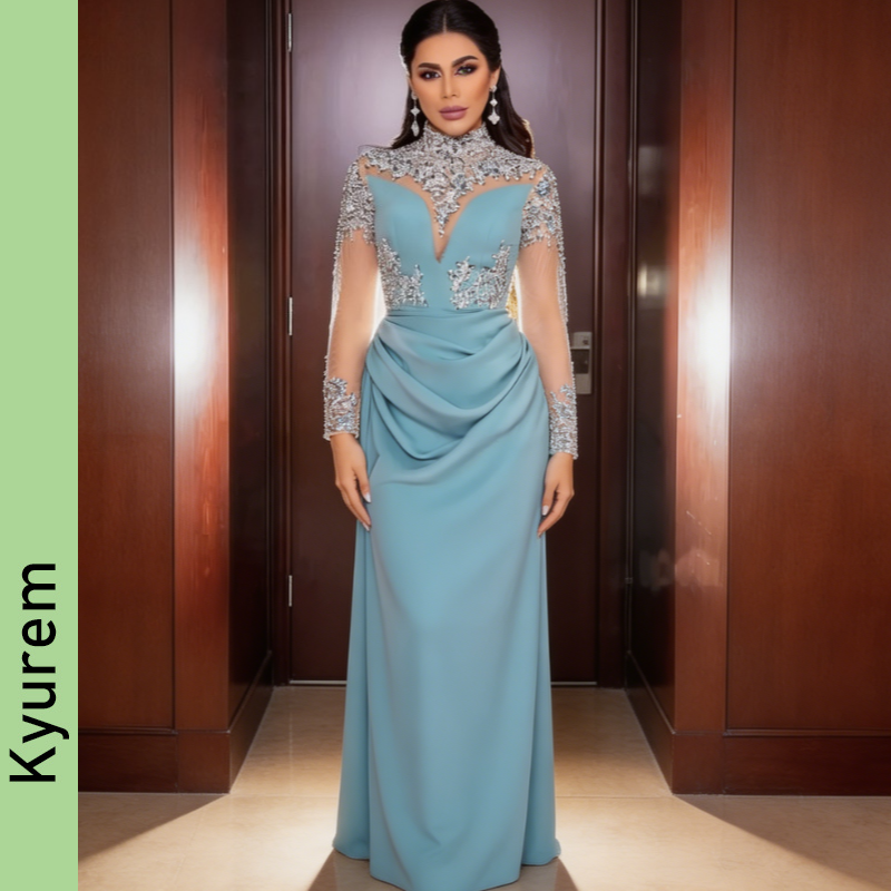 Arabic Long Sleeves Evening Dresses Beaded Applique Robe De Soiree Prom Dress Party Gowns Formal Customizable Dress Night Gowns