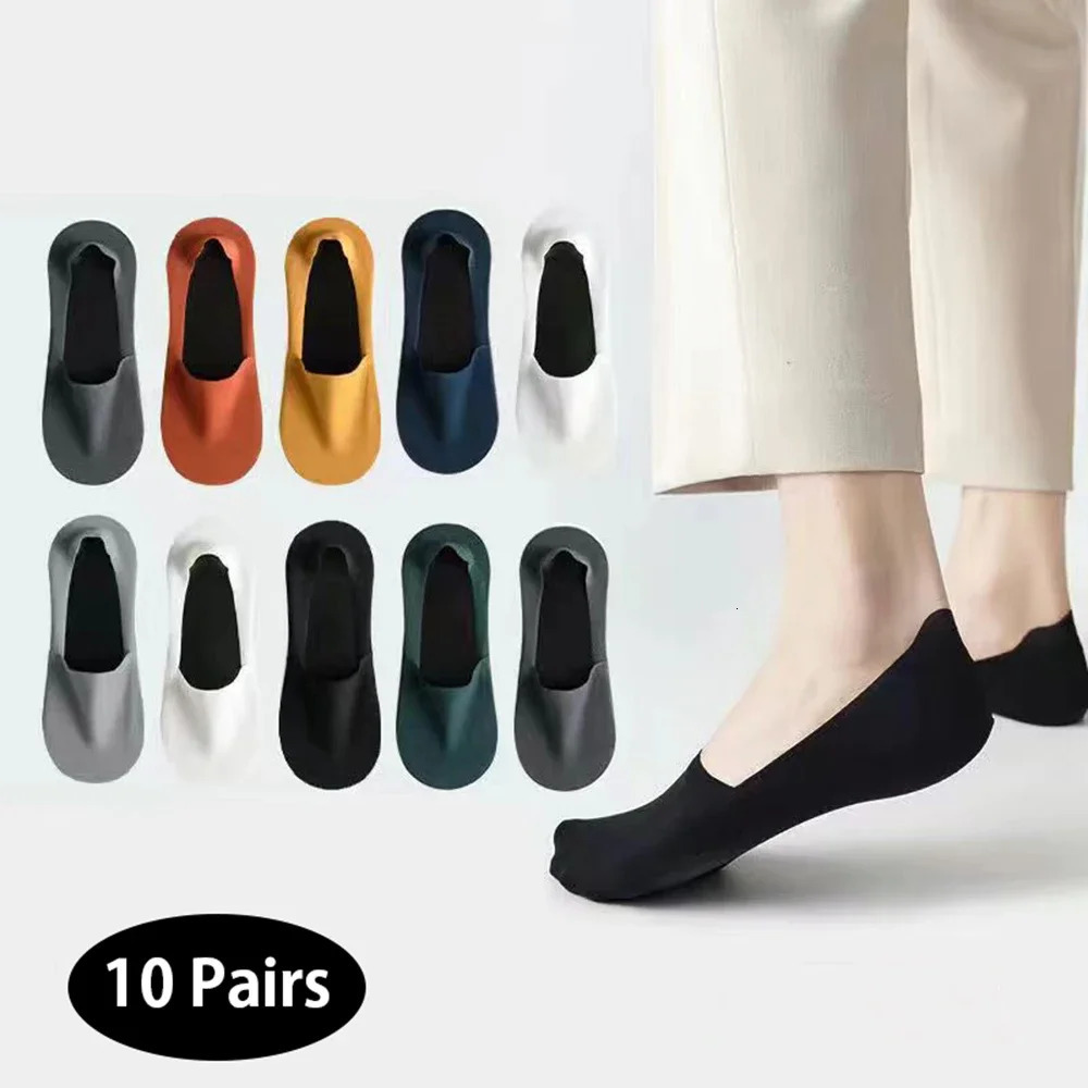 10 PairsPack Mens Ice Silk Boat Socks Silicone Non-slip Cotton Bottom Casual Socks Ultra-thin No Show Absorb Sweat Sport Socks 260624