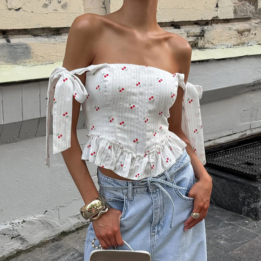 French-Style Gentle One-Shoulder Tie-Neck Pure Desire Style Shirt For Women, Summer Waist-Cinching Printed Tank Top, New Women's Top