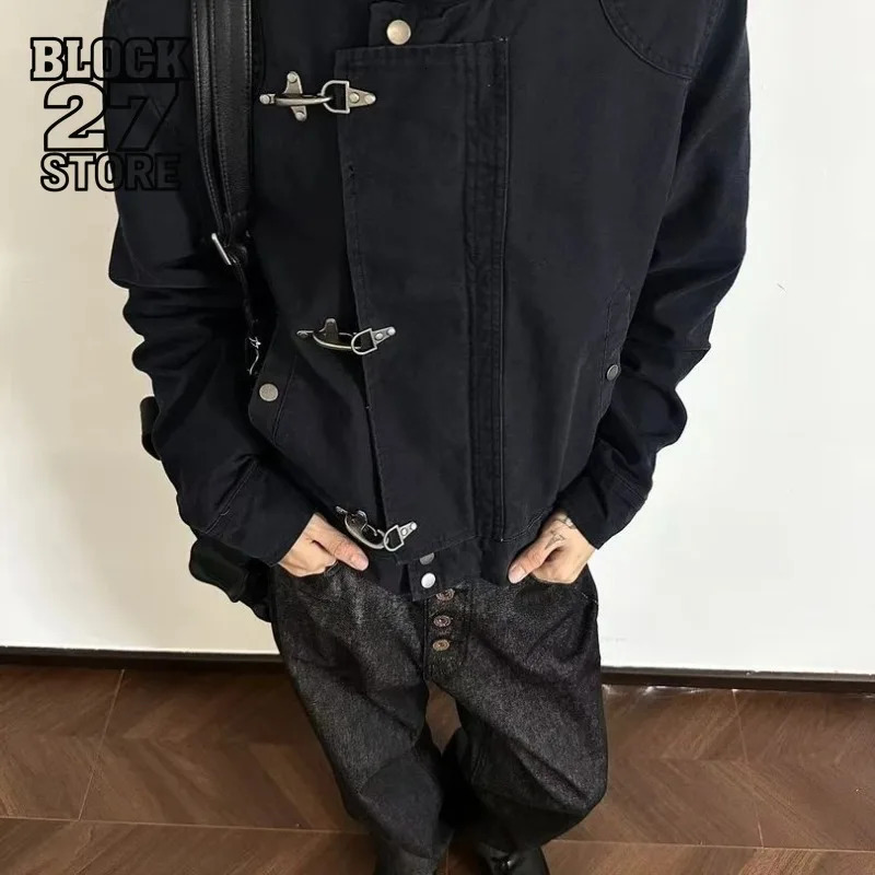 Harajuku Mens Turn Down Collar Jacket American Retro Short Workwear Coat Autumn Streetwear Casual Loose Fit Fashion Outerwear 260624